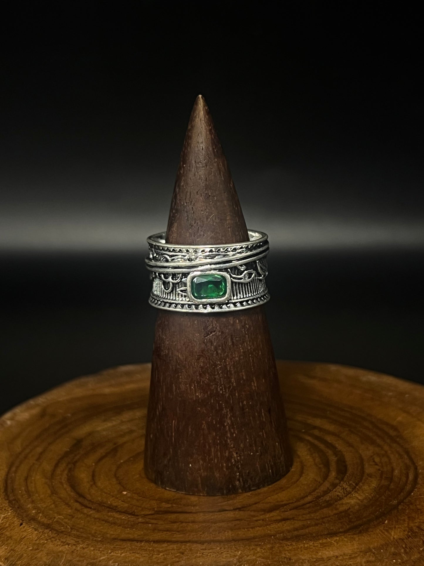 Emerald Isle Filigree Copper Ring- Vintage Green Crystal Band