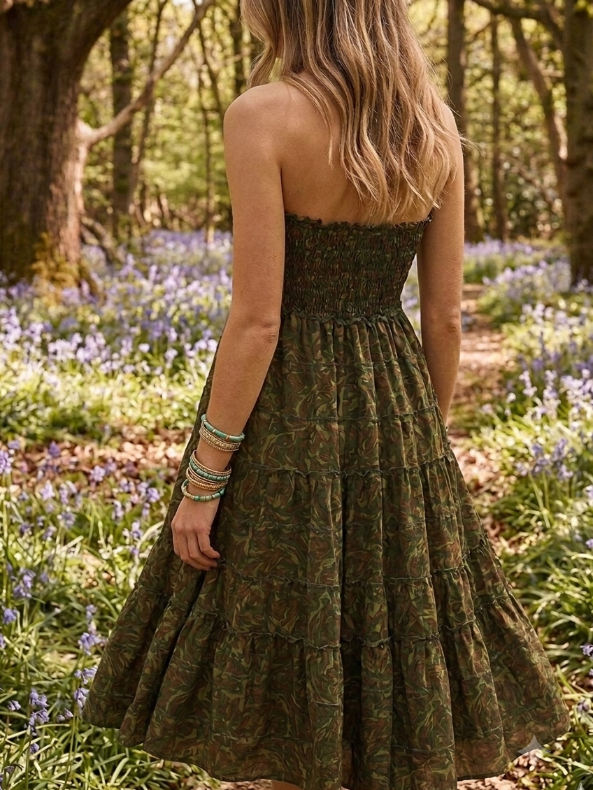 Olive Paisley Shirred Halter Midi Dress – Earthy Camo Print