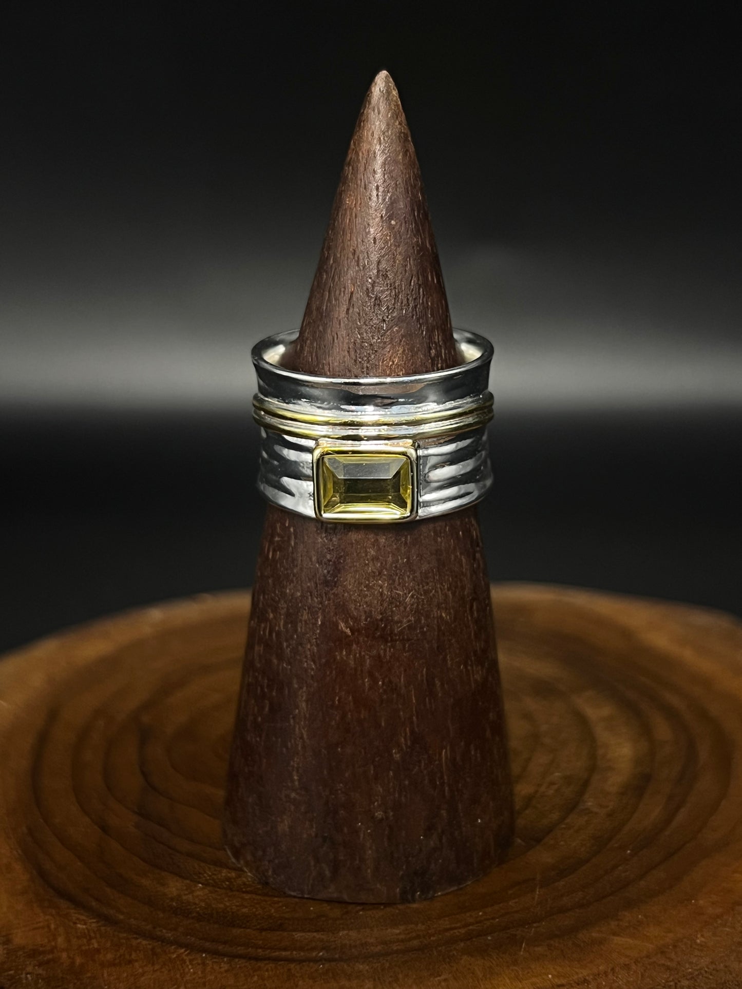 Mixed Metal Hammered Band Ring with Green Zircon