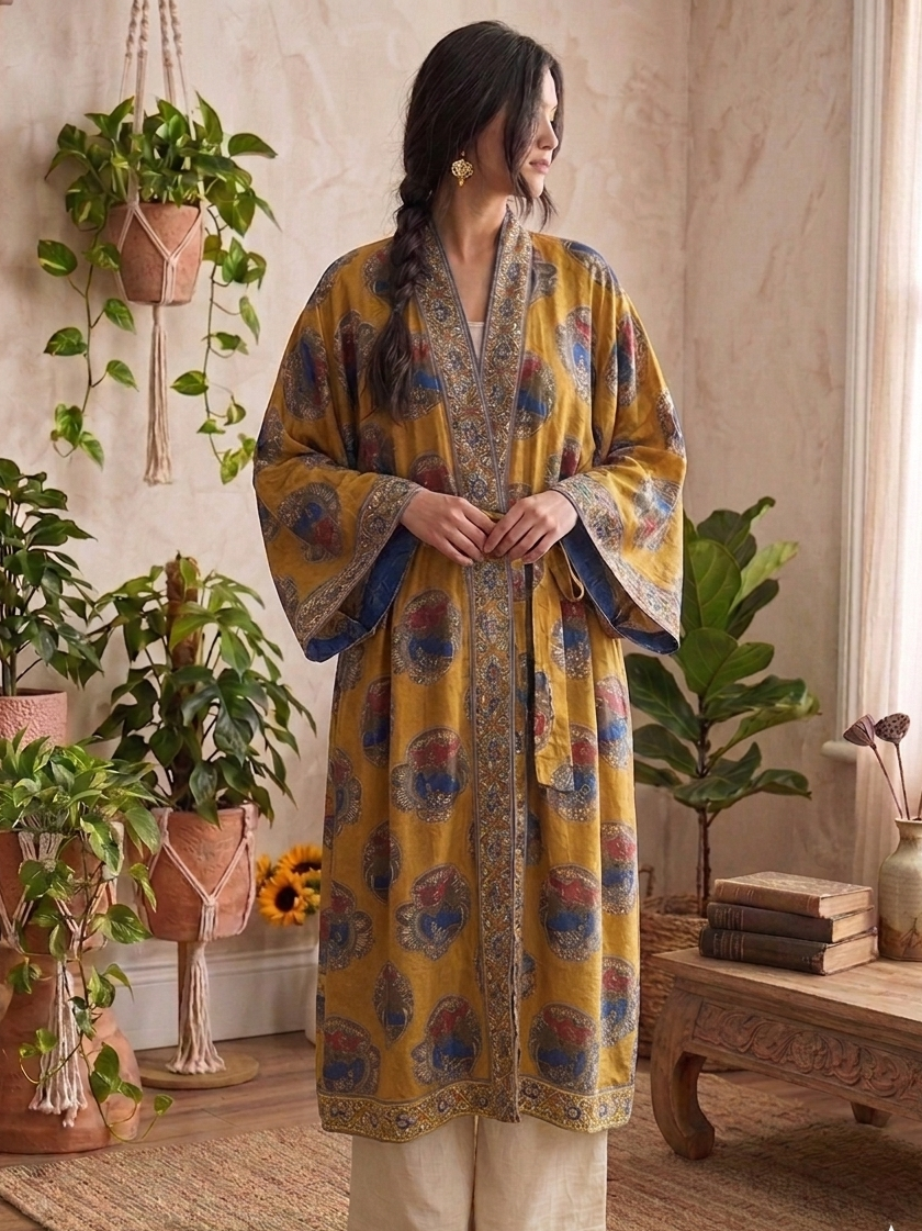 Artisan Printed Kimono Robe in Mustard Yellow