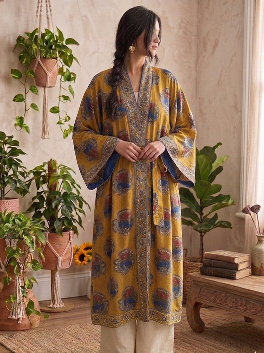 Artisan Printed Kimono Robe in Mustard Yellow