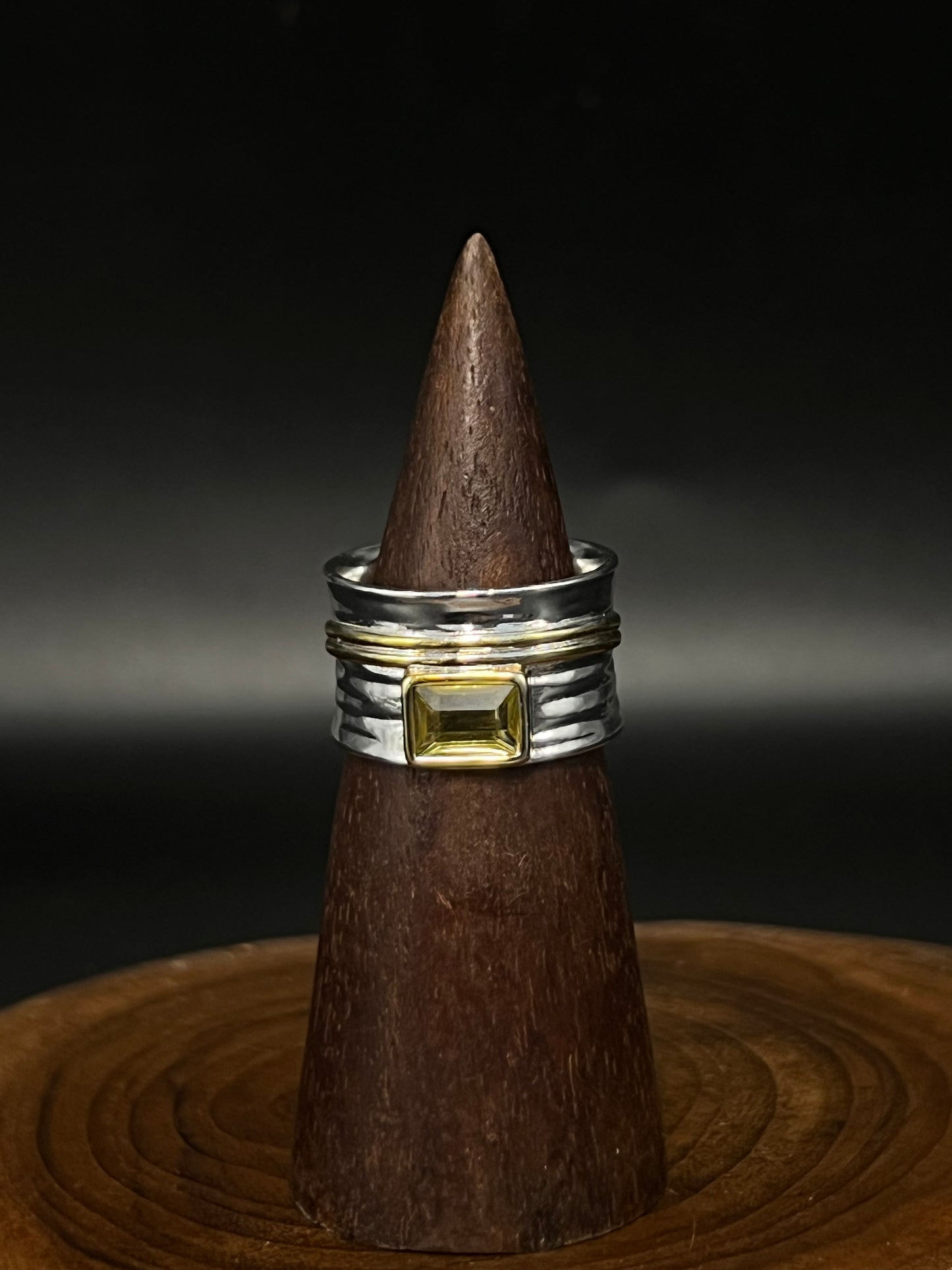 Mixed Metal Hammered Band Ring with Green Zircon