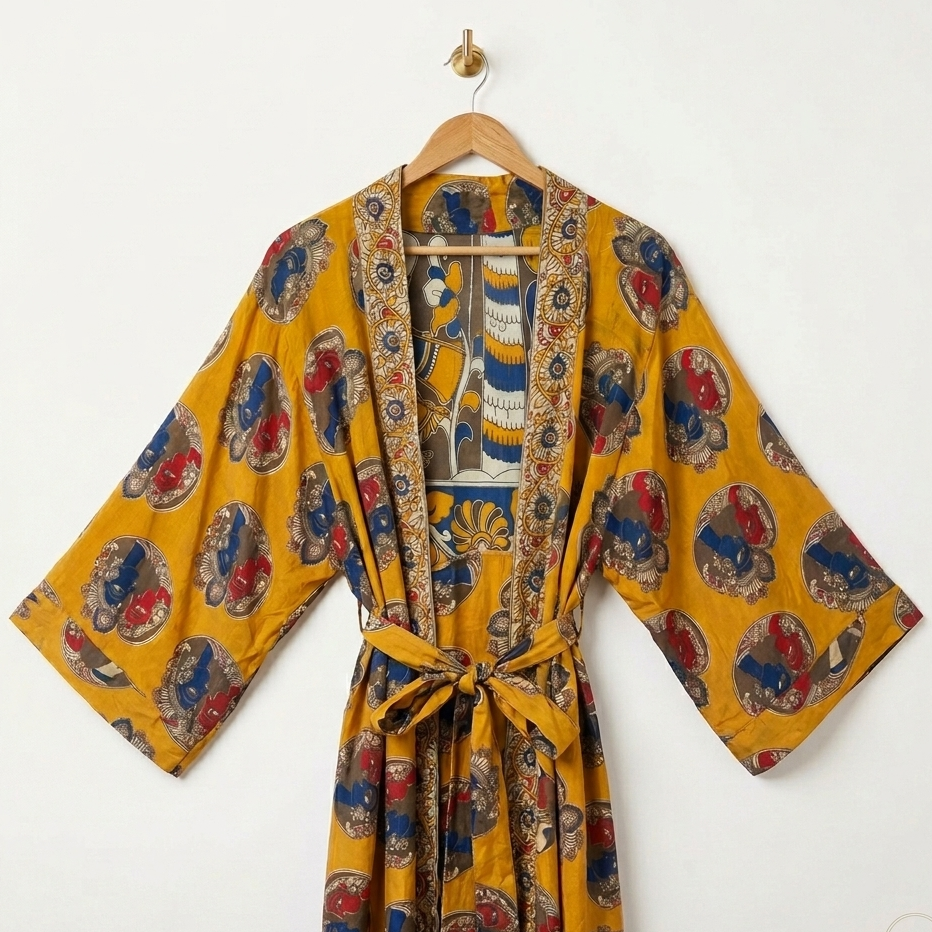 Artisan Printed Kimono Robe in Mustard Yellow
