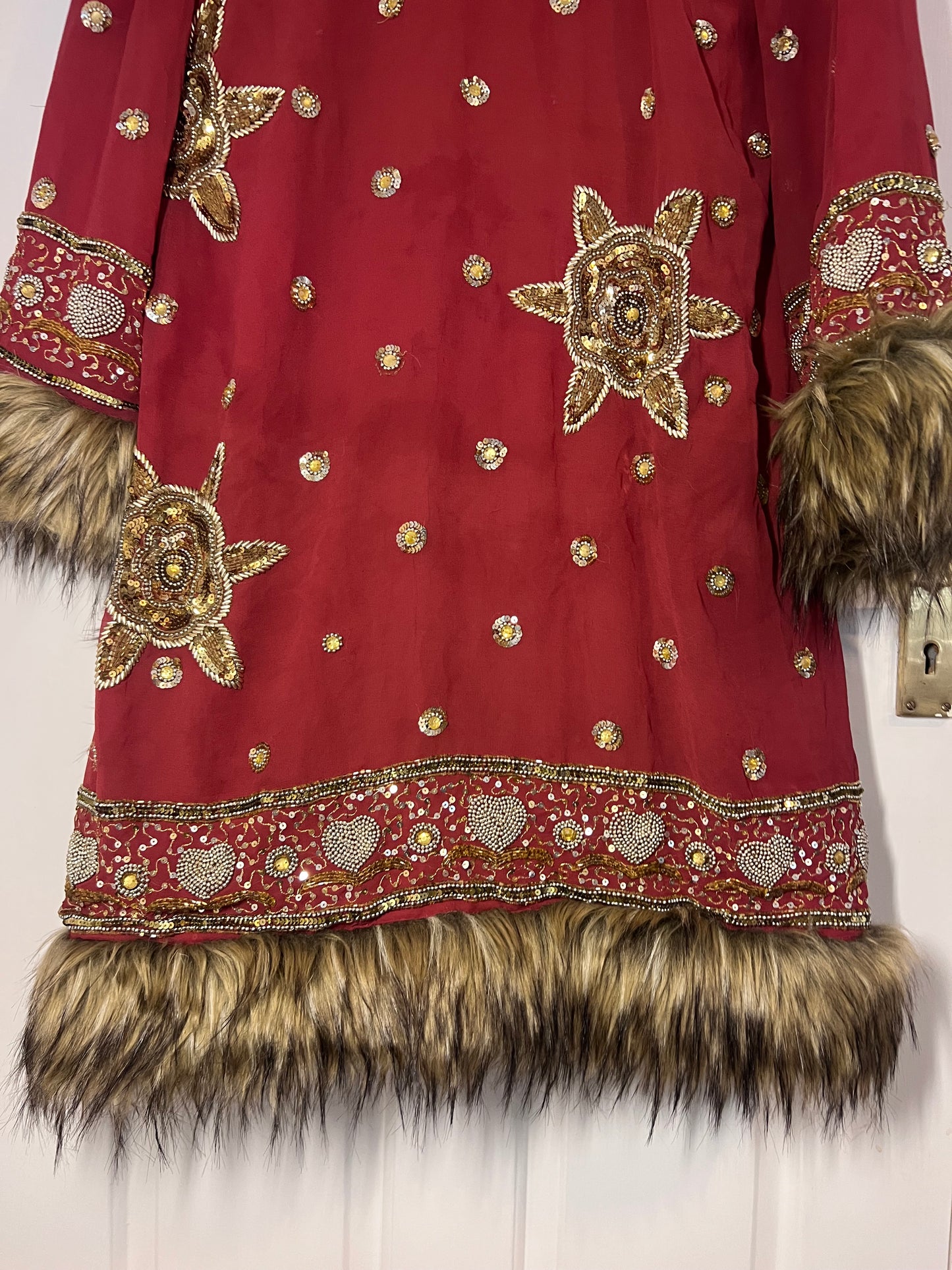Crimson Boho Embellished Coat with Faux Fur Trim & Hood