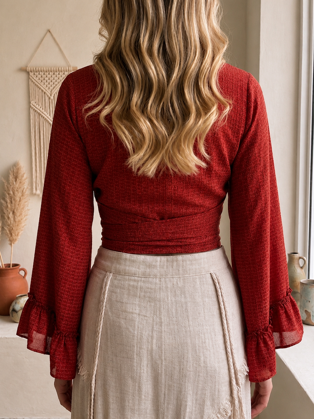 Silk Bell Sleeve Tie Front Top –Red