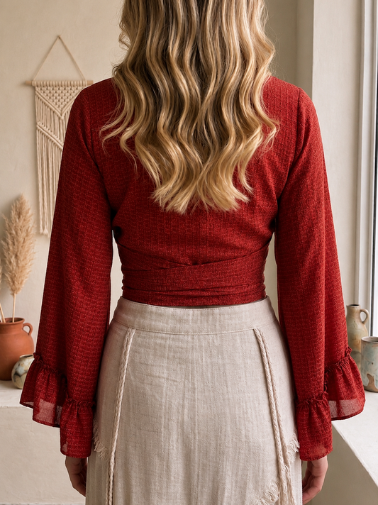 Silk Bell Sleeve Tie Front Top –Red