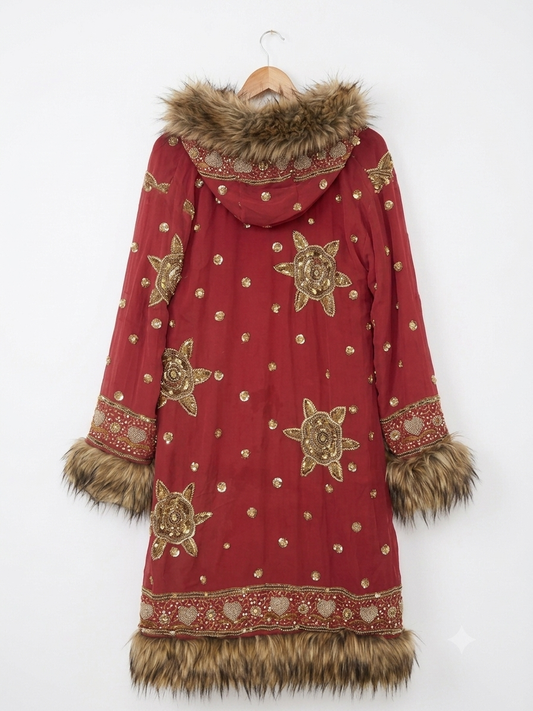 Crimson Boho Embellished Coat with Faux Fur Trim & Hood