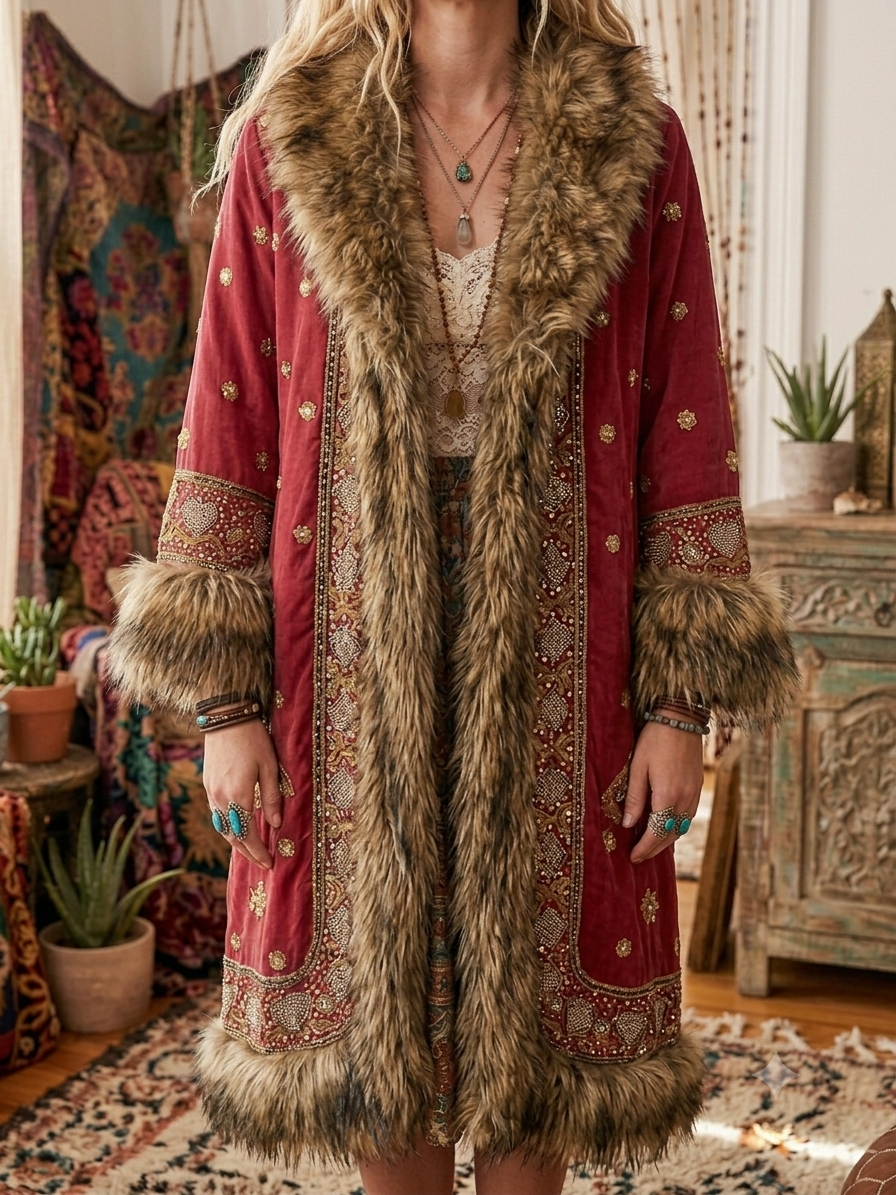 Crimson Boho Embellished Coat with Faux Fur Trim & Hood