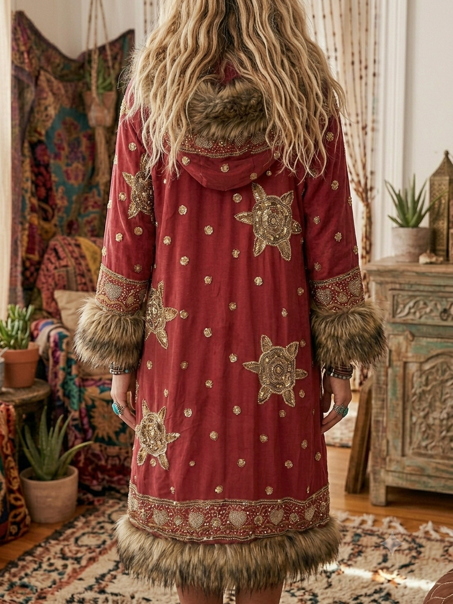 Crimson Boho Embellished Coat with Faux Fur Trim & Hood