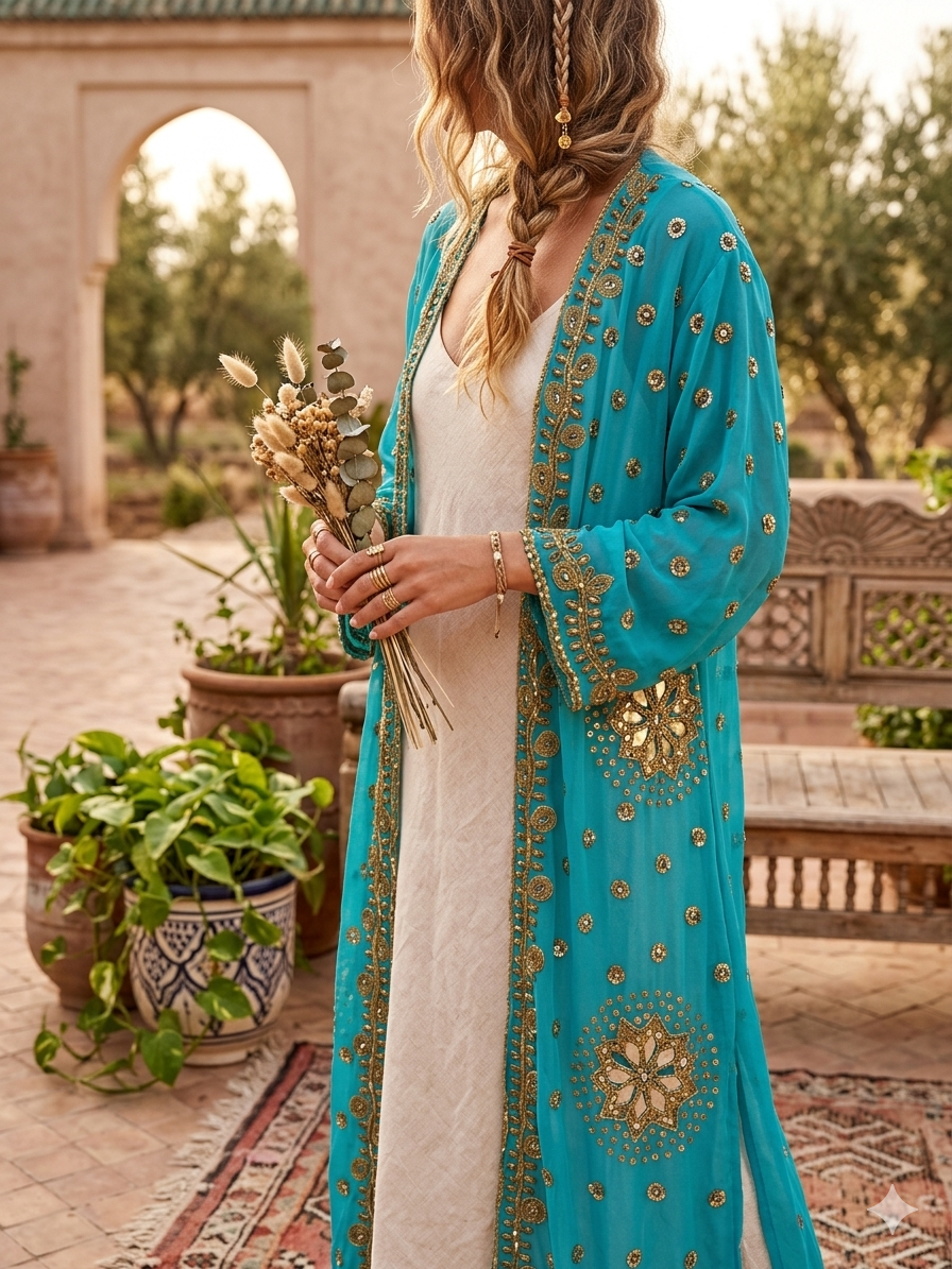 Turquoise Recycled Sheer Kimono with Gold Sequin Details