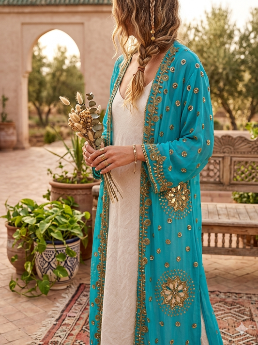 Turquoise Recycled Sheer Kimono with Gold Sequin Details