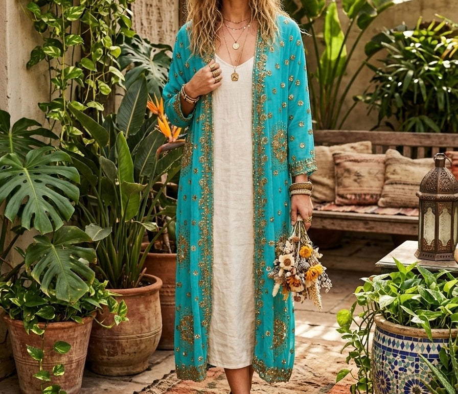 Turquoise Recycled Sheer Kimono with Gold Sequin Details