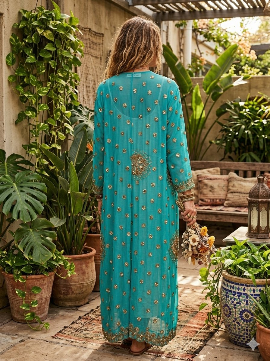 Turquoise Recycled Sheer Kimono with Gold Sequin Details