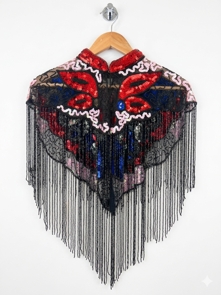 Beaded Butterfly Festival Cape | Sequin Fringe Capelet