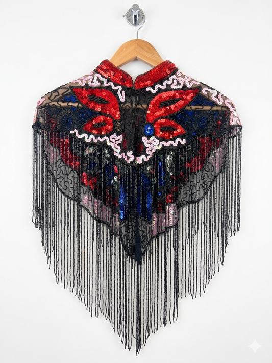 Beaded Butterfly Festival Cape | Sequin Fringe Capelet