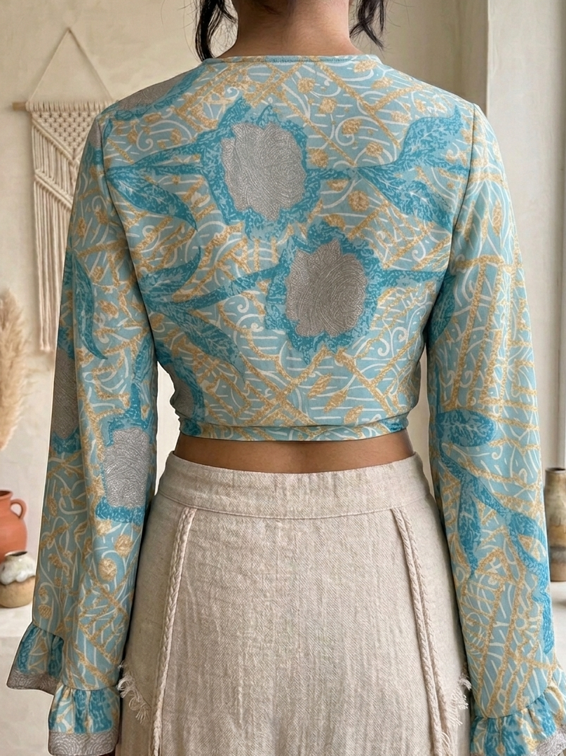 Reclaimed Silk Sari Tie-Front Bell Sleeve Crop Top – One of a Kind Boho Blouse