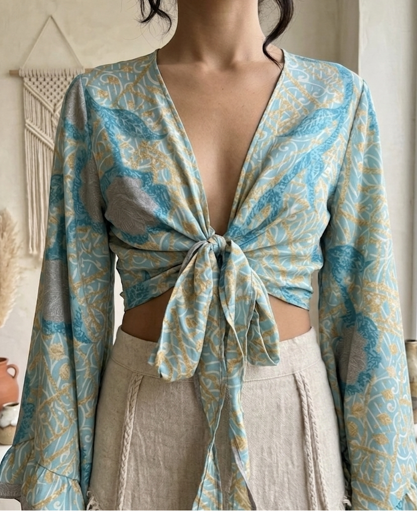Reclaimed Silk Sari Tie-Front Bell Sleeve Crop Top – One of a Kind Boho Blouse