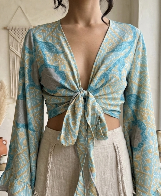 Reclaimed Silk Sari Tie-Front Bell Sleeve Crop Top – One of a Kind Boho Blouse
