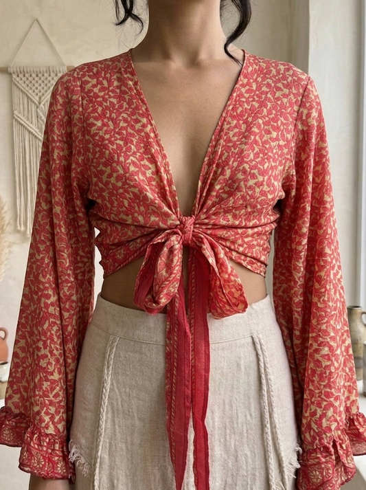 The Sundari Tie-Front Bell Sleeve Top – Upcycled Sari Silk Blouse (Pink & Gold)