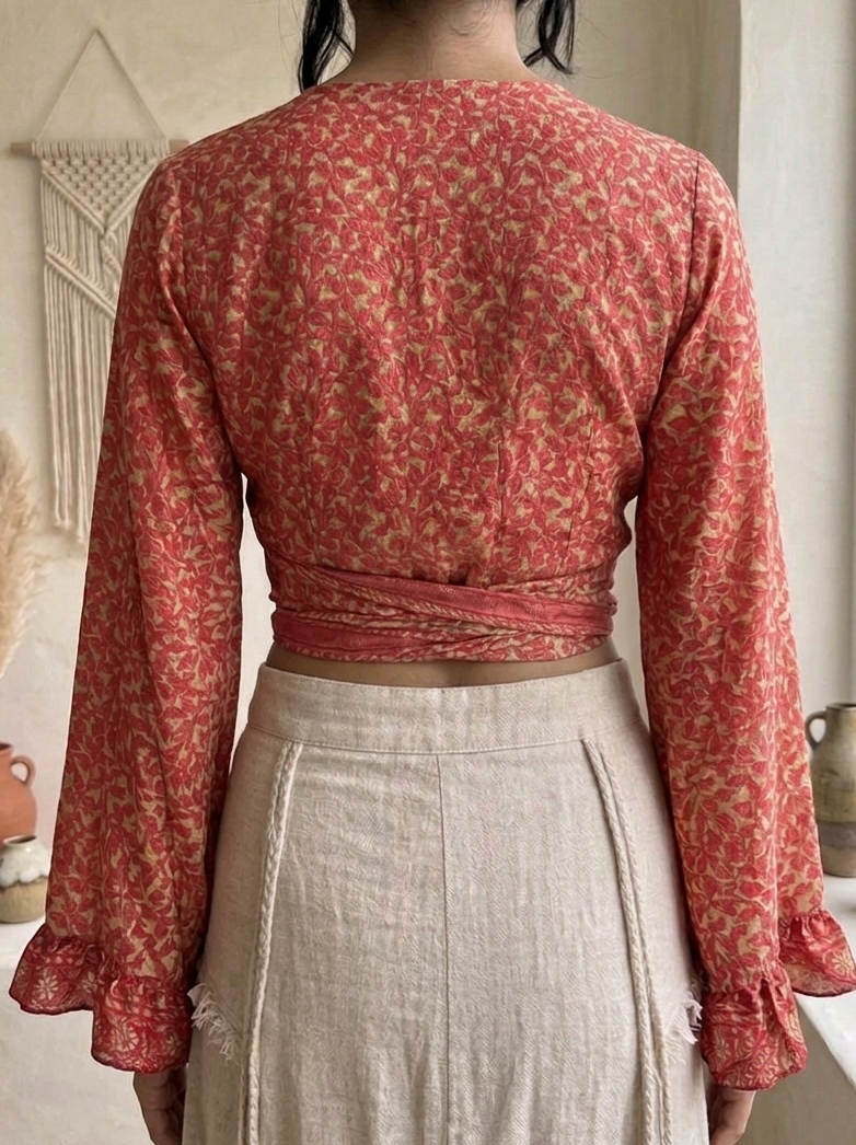 The Sundari Tie-Front Bell Sleeve Top – Upcycled Sari Silk Blouse (Pink & Gold)