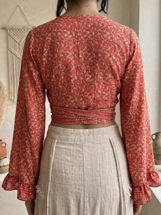 The Sundari Tie-Front Bell Sleeve Top – Upcycled Sari Silk Blouse (Pink & Gold)