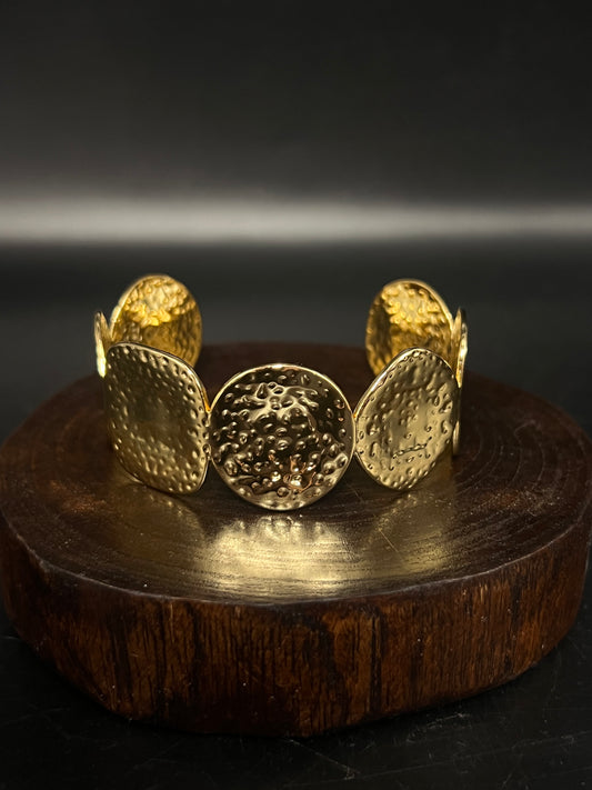18K Gold Plated Hammered Disc Statement Cuff – 304 Stainless Steel