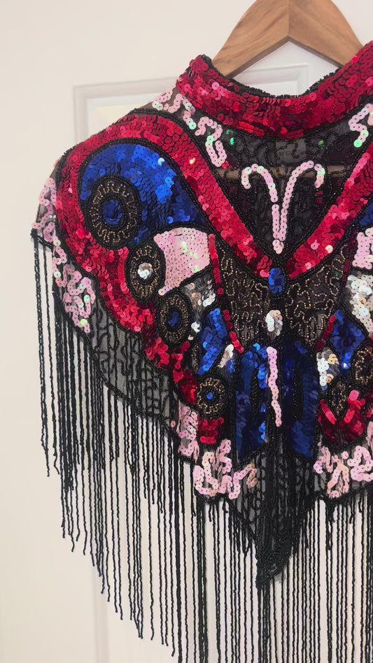 Beaded Butterfly Festival Cape | Sequin Fringe Capelet